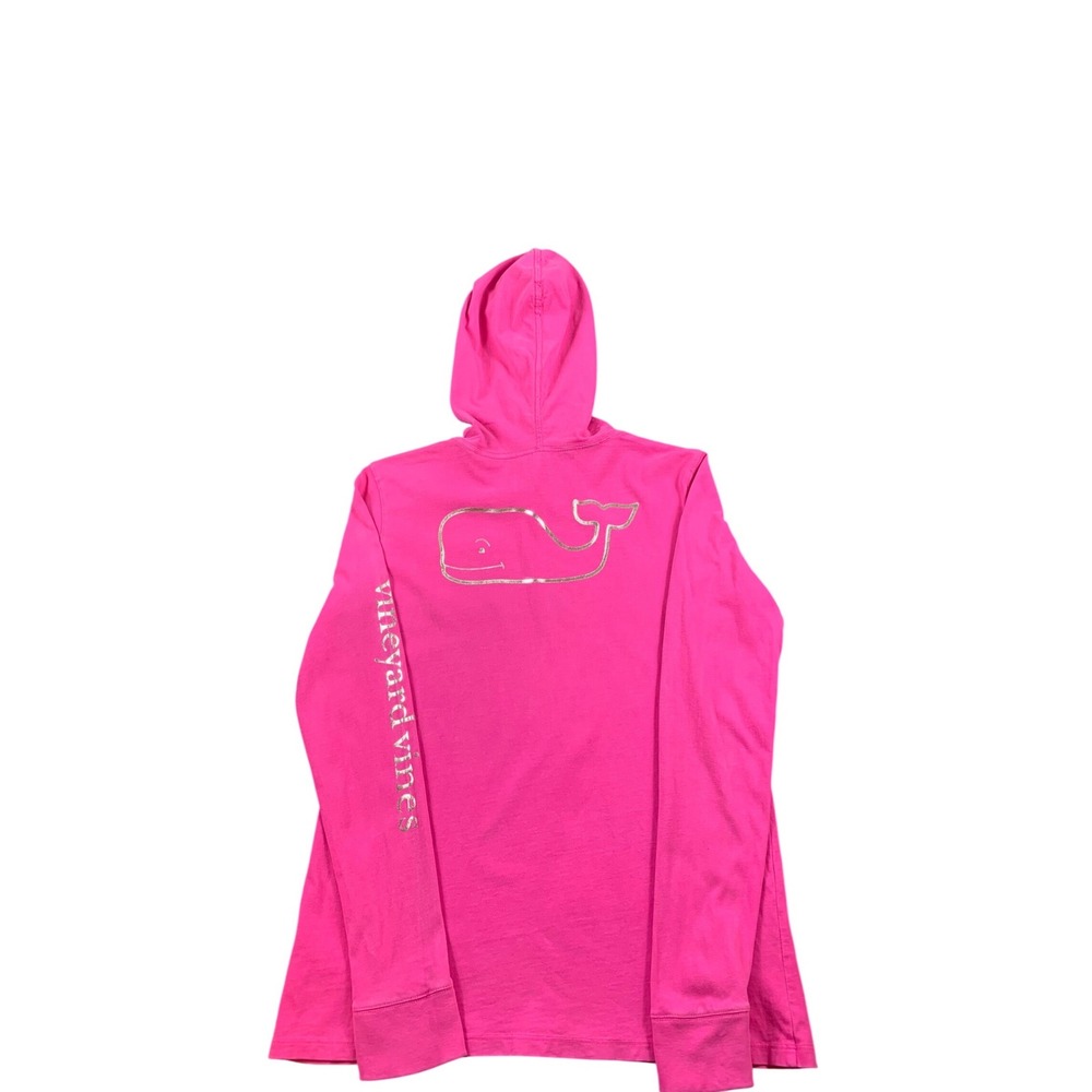 Vineyard Vines Girls Pink Gold Whale Logo Hooded Long Sleeve T-Shirt Size L